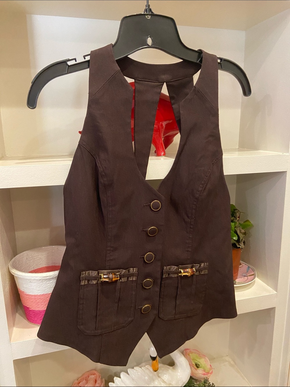 Dark Brown Button Front Vest styled tank top backless with Pocket Accents